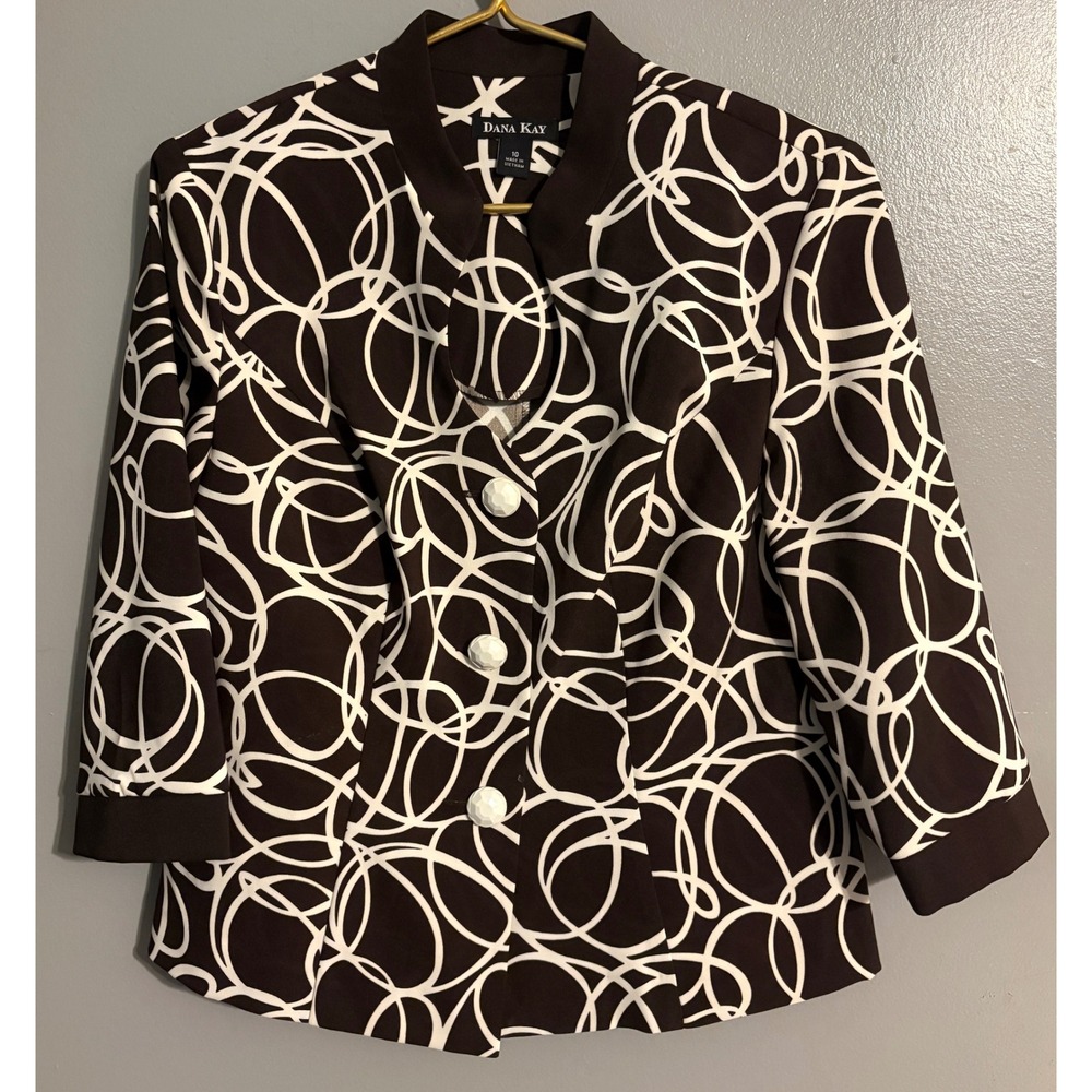 Dana Kay Brown White Swirl Print Blazer Jacket 3/4 Sleeve Size 10 Office Wear